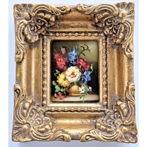 Vintage Miniature Art Print Ornate Gold Frame Floral Moody Green Pink